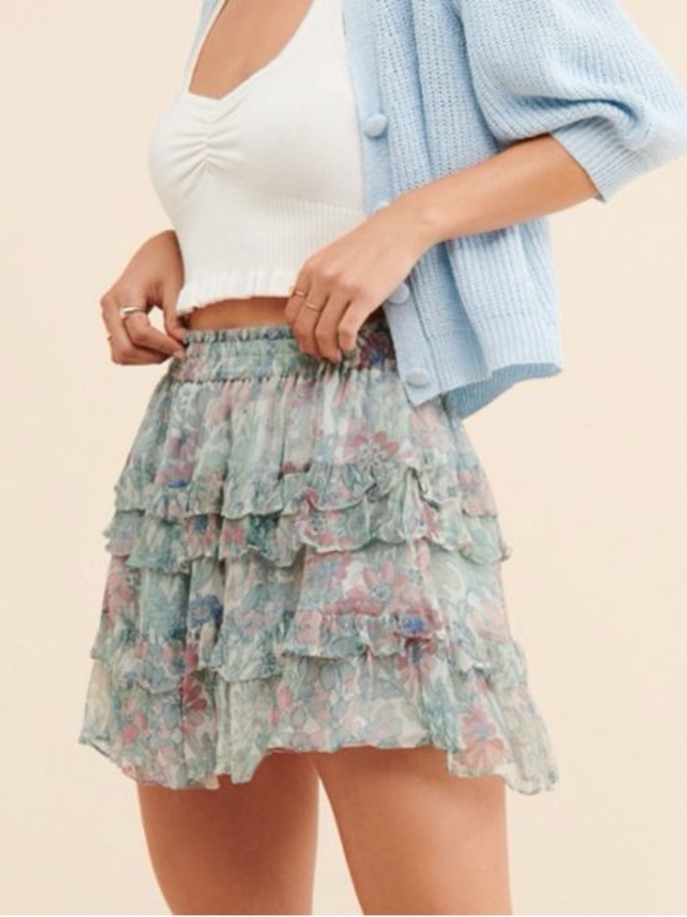 LoveShackFancy Floral Tiered Ruffle Chiffon Mini Skirt Size S